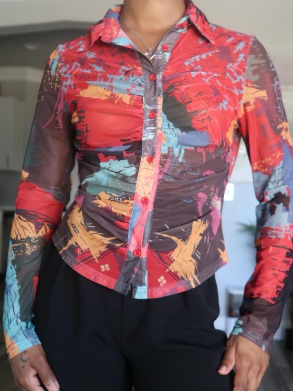 Multicolor Abstract Sheer Button-Up Top - Picture 4 of 4